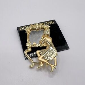AJC Art Deco Gold Tone Woman Mirror Brooch Pin NWT